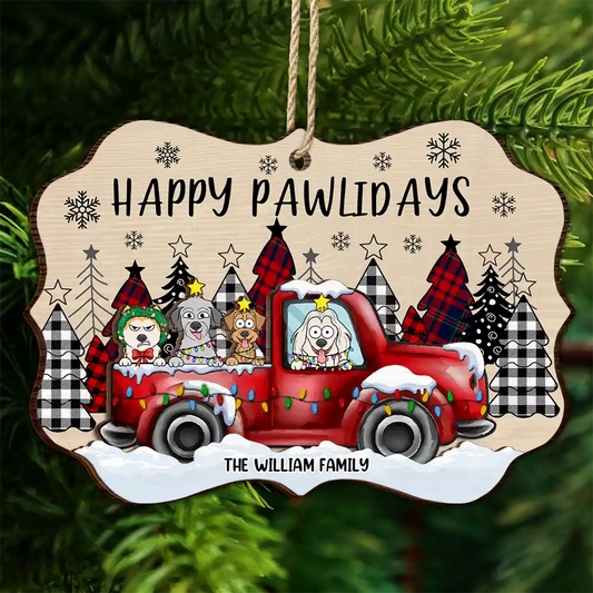 Merry Woofmas Dog Lovers Red Truck - Personalized Wooden Ornament