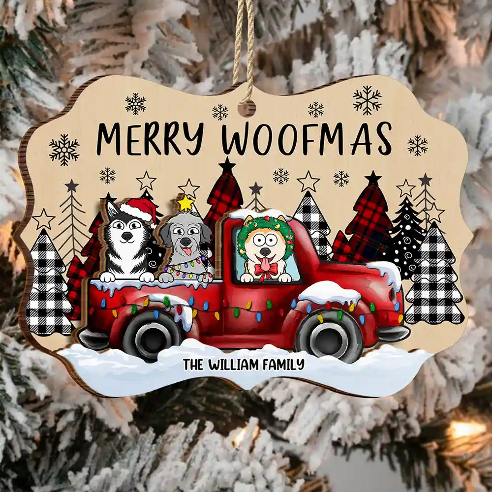 Merry Woofmas Dog Lovers Red Truck - Personalized Wooden Ornament