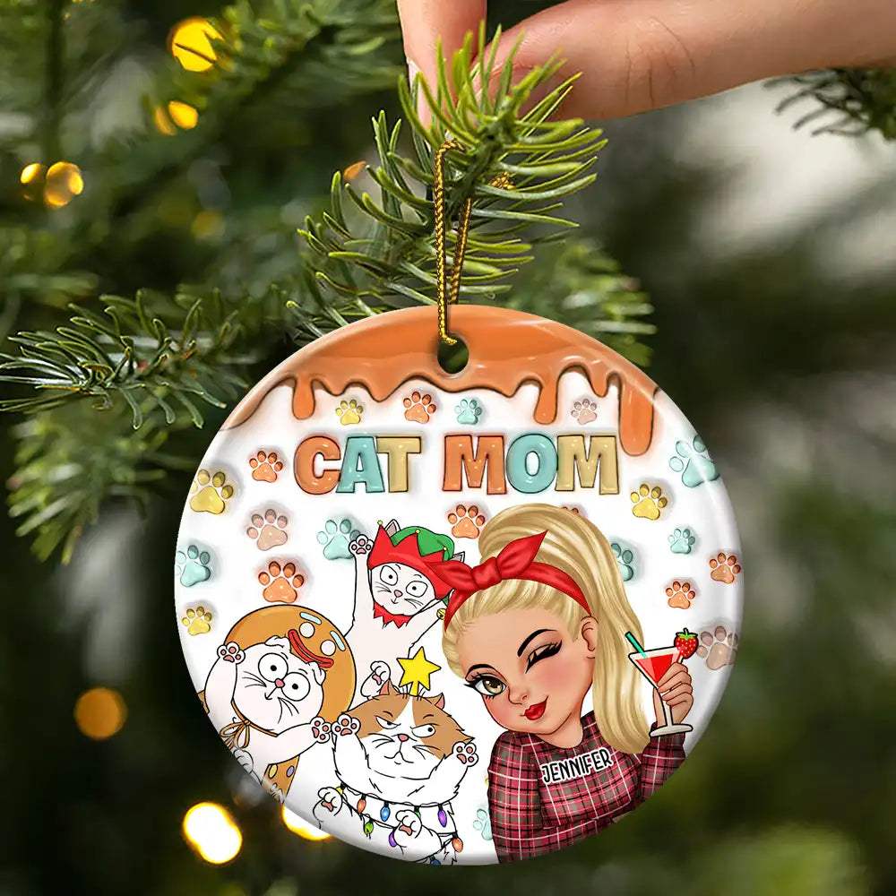 Christmas Cat Mom Cat Mum - 3D Inflated Effect Printed Ornament, Personalized Circle Acrylic Ornament