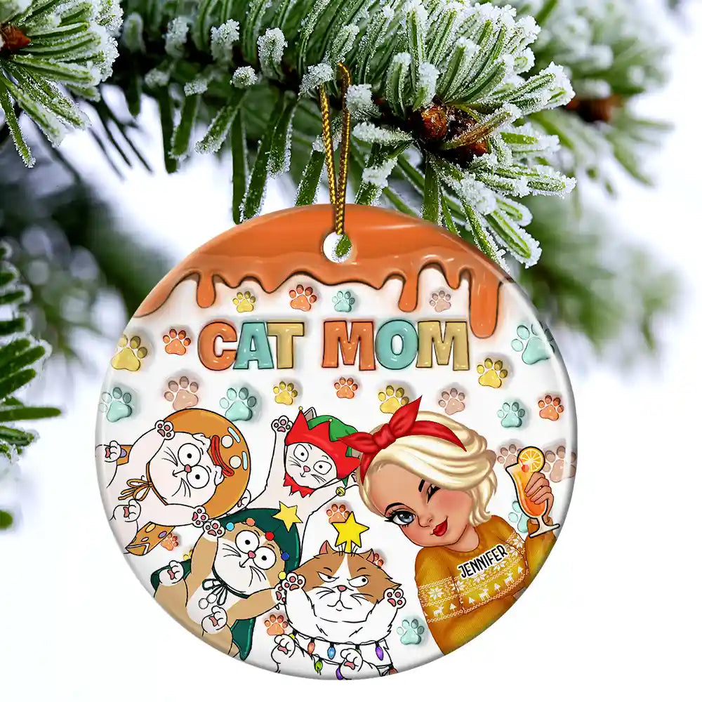 Christmas Cat Mom Cat Mum - 3D Inflated Effect Printed Ornament, Personalized Circle Acrylic Ornament