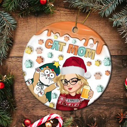 Christmas Cat Mom Cat Mum - 3D Inflated Effect Printed Ornament, Personalized Circle Acrylic Ornament