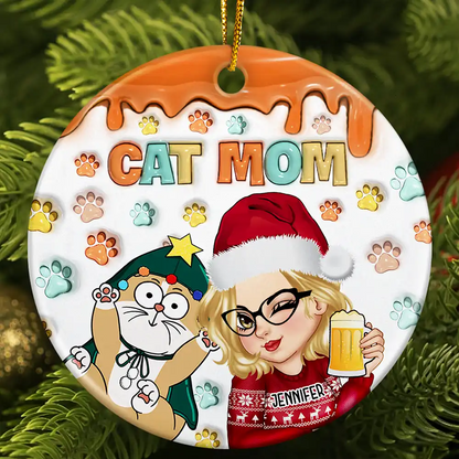 Christmas Cat Mom Cat Mum - 3D Inflated Effect Printed Ornament, Personalized Circle Acrylic Ornament