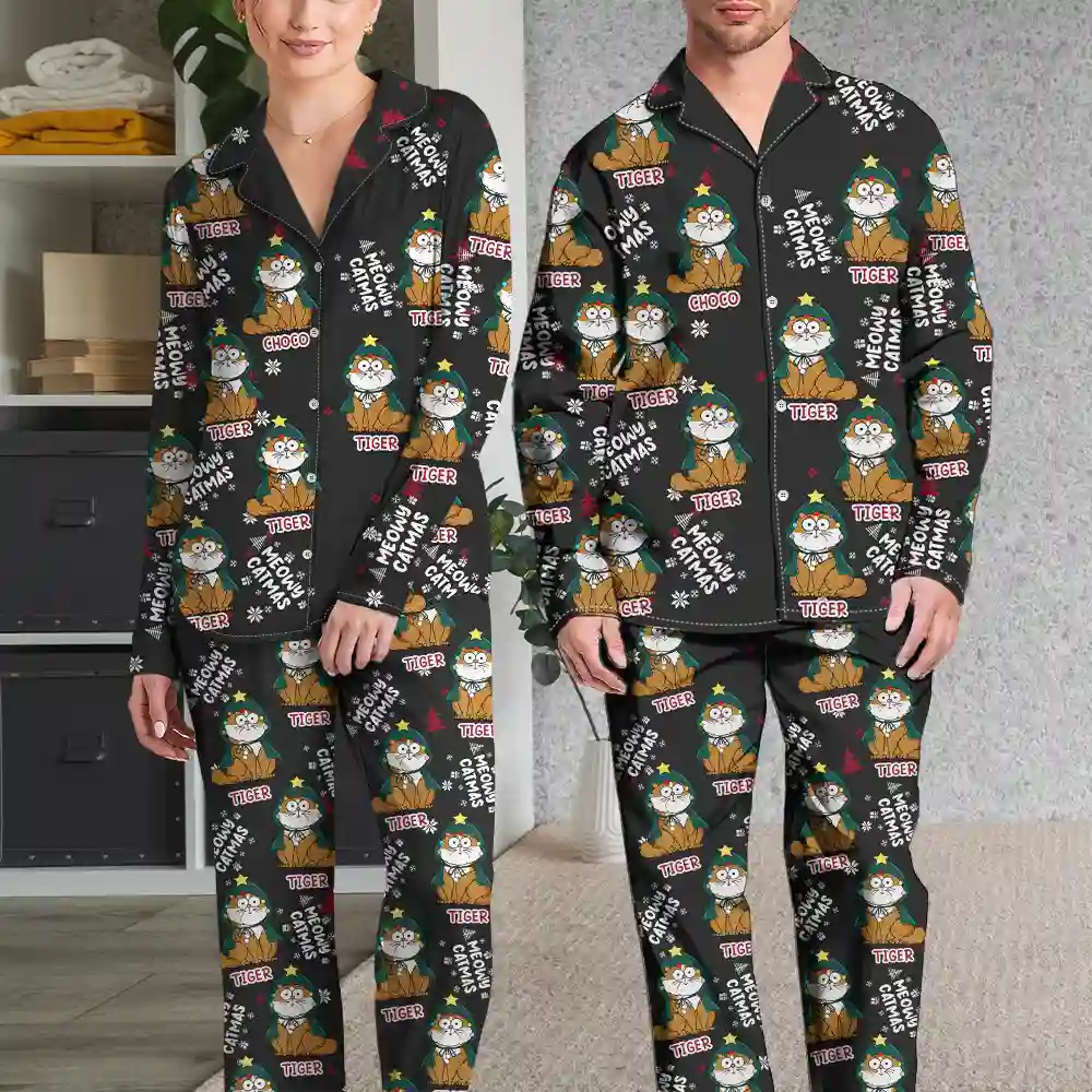 Meowy Catmas Funny Cartoon Cats - Personalized Long Pajamas Set