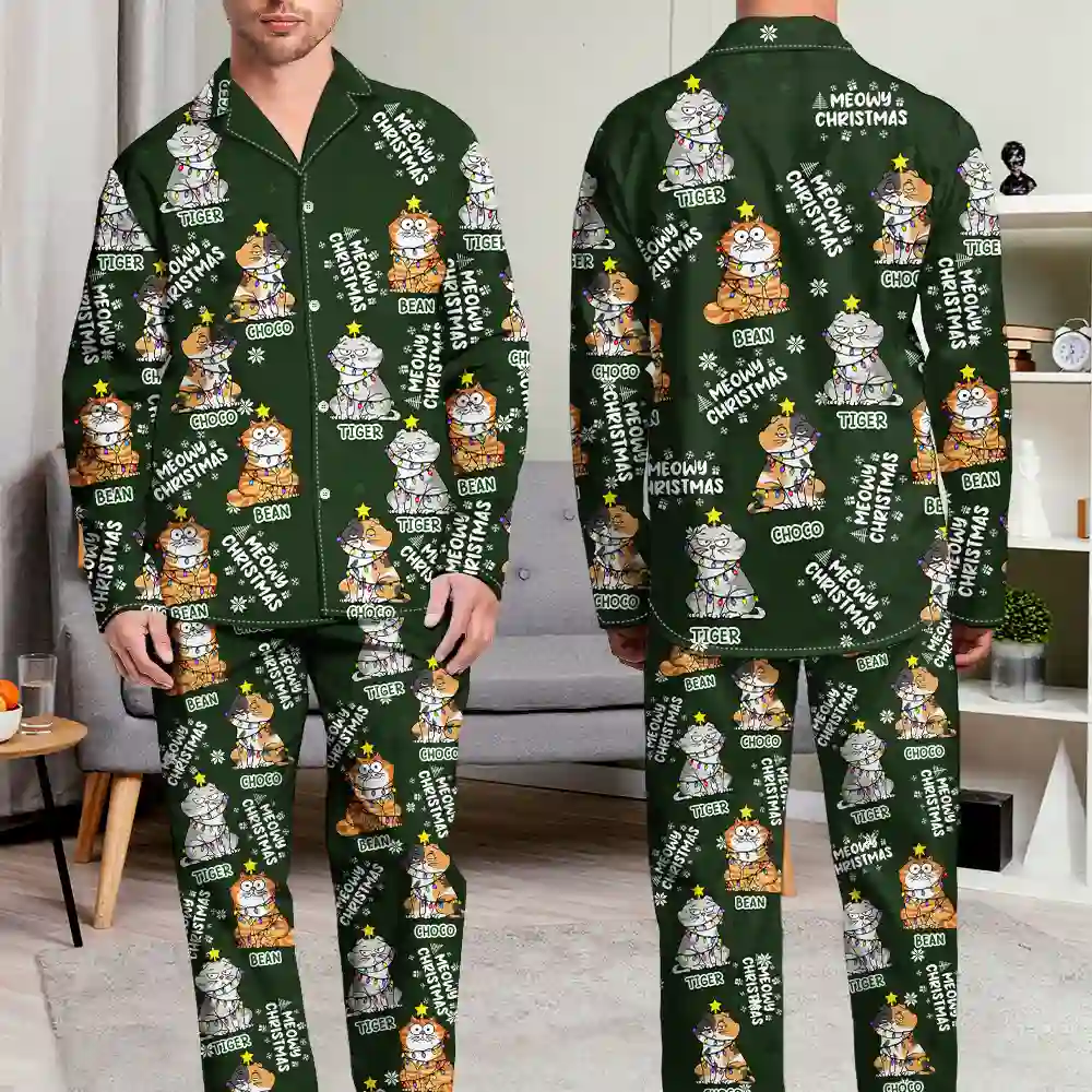 Meowy Catmas Funny Cartoon Cats - Personalized Long Pajamas Set