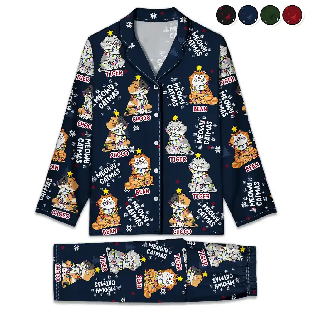 Meowy Catmas Funny Cartoon Cats - Personalized Long Pajamas Set