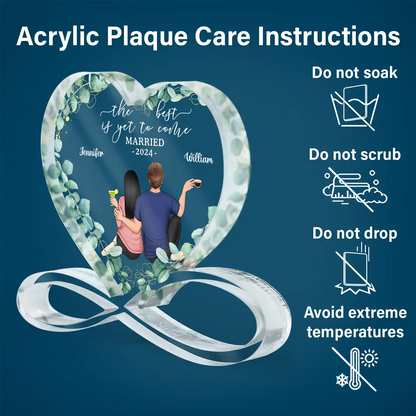 Backside Couple Newly Engaged The Best Is Yet To Come - Personalized Heart Infinity Shaped Acrylic Plaque