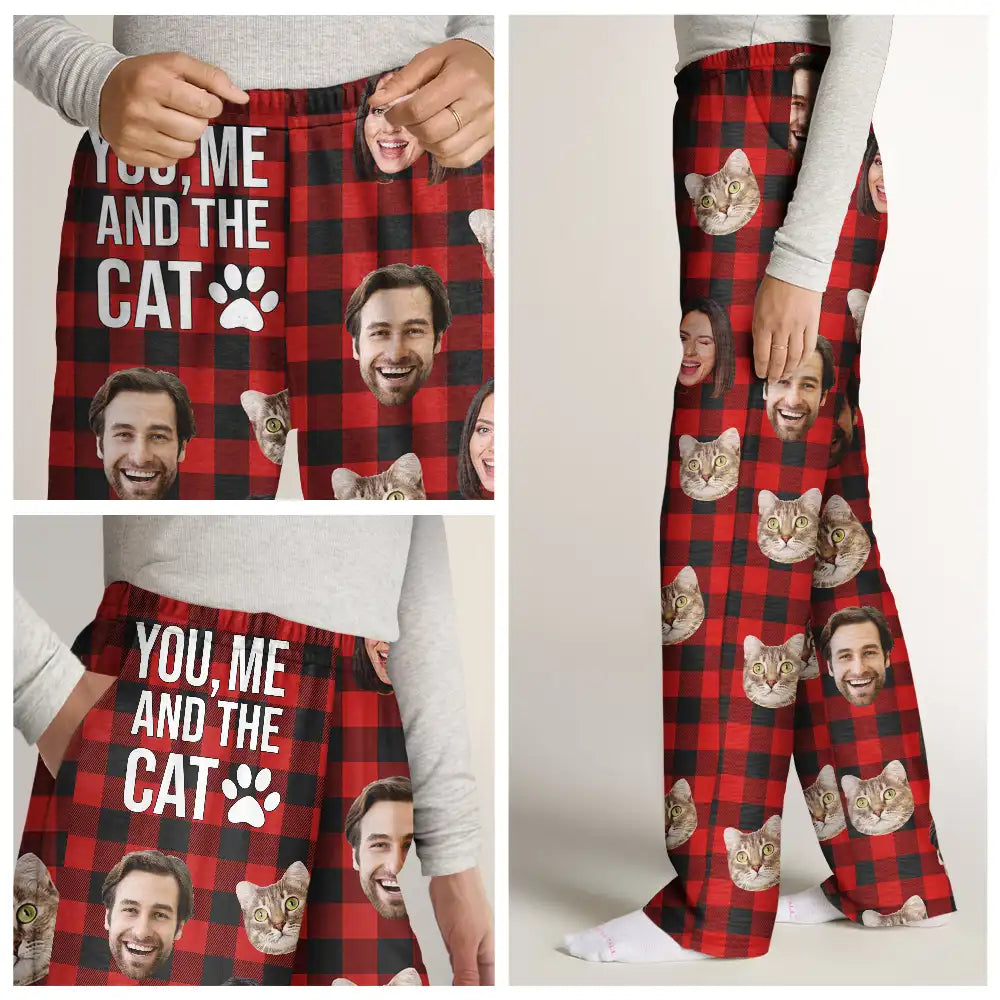 Custom Photo You & Me And The Dog Cat Pet Plaid Pattern - Personalized Pajama Pants