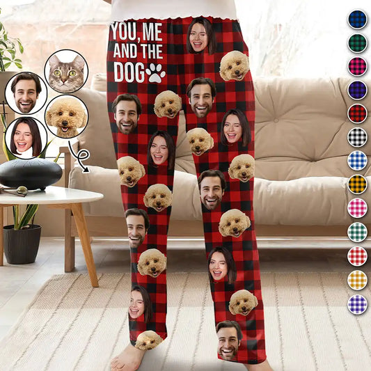 Custom Photo You & Me And The Dog Cat Pet Plaid Pattern - Personalized Pajama Pants