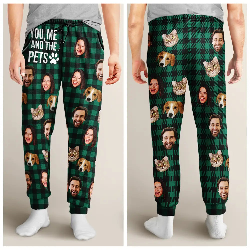 Custom Photo You & Me And The Dog Cat Pet Plaid Pattern - Personalized Pajama Pants