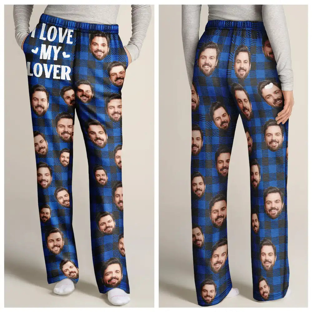 Custom Photo I Love My Wife Husband Girlfriend Boyfriend Plaid Pattern - Personalized Pajama Pants
