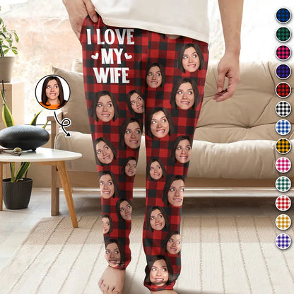 Custom Photo I Love My Wife Husband Girlfriend Boyfriend Plaid Pattern - Personalized Pajama Pants