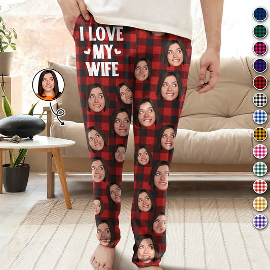 Custom Photo I Love My Wife Husband Girlfriend Boyfriend Plaid Pattern - Personalized Pajama Pants