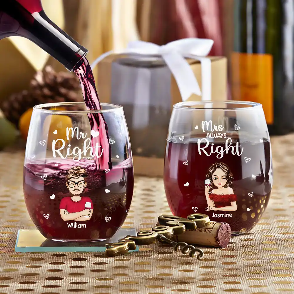 Couple Mr Right Mrs Always Right - Personalized Stemless Wine Glass