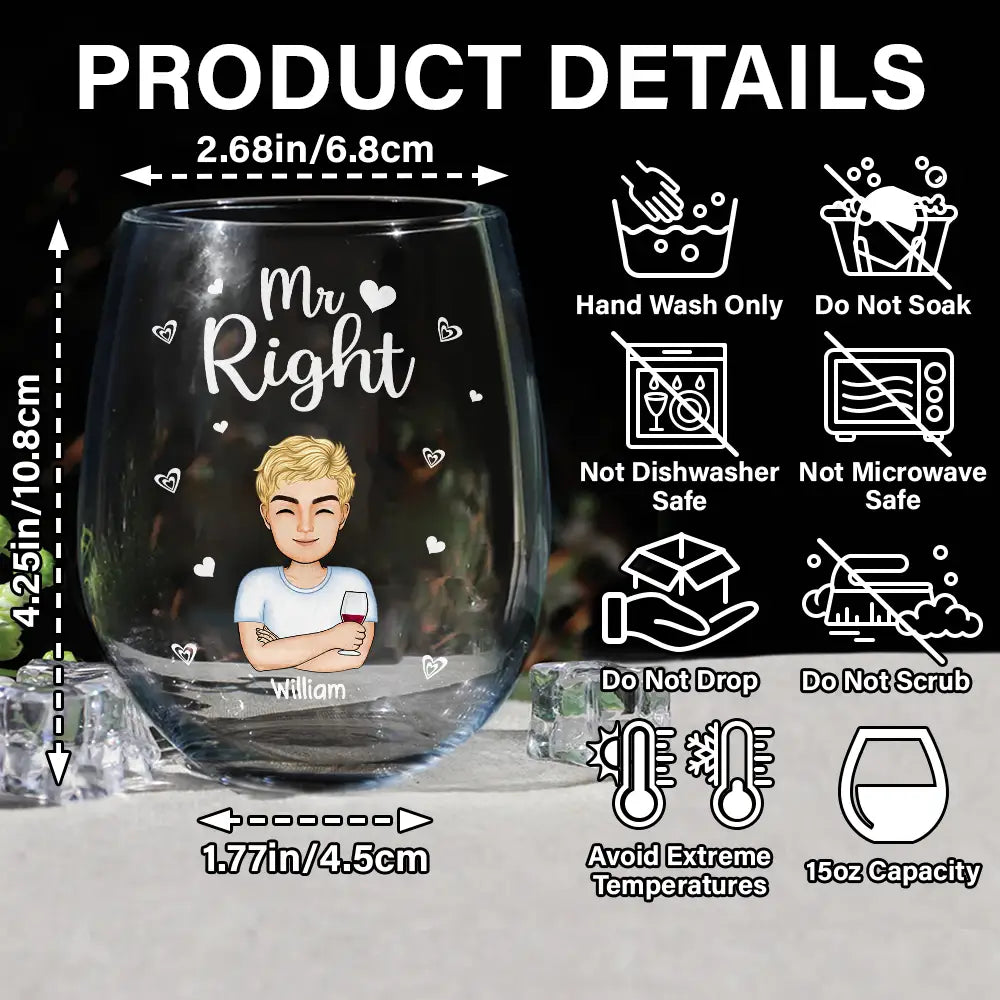 Couple Mr Right Mrs Always Right - Personalized Stemless Wine Glass