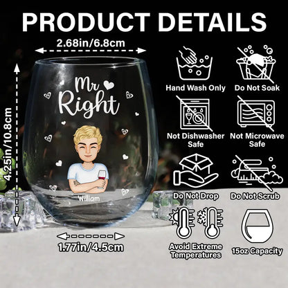 Couple Mr Right Mrs Always Right - Personalized Stemless Wine Glass