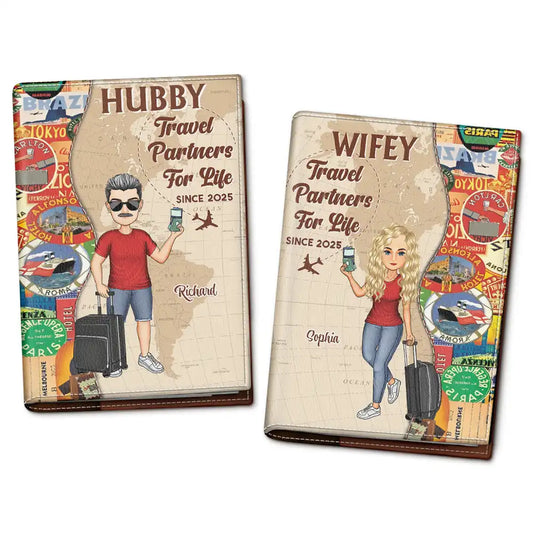 Hubby & Wifey Travel Partners For Life - Personalized Passport Cover, Passport Holder