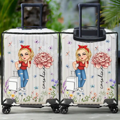 Travel,Gift For Women,Gift For Yourself,Happy - Birth Flower Just A Girl Who Loves Traveling - Personalized Clear Luggage Cover