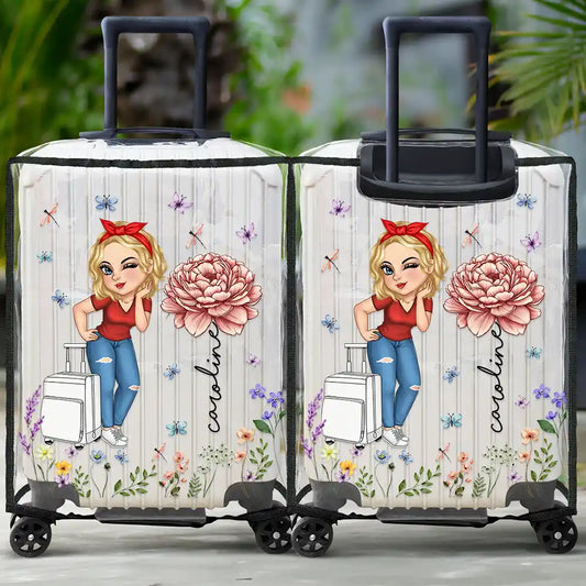 Travel,Gift For Women,Gift For Yourself,Happy - Birth Flower Just A Girl Who Loves Traveling - Personalized Clear Luggage Cover