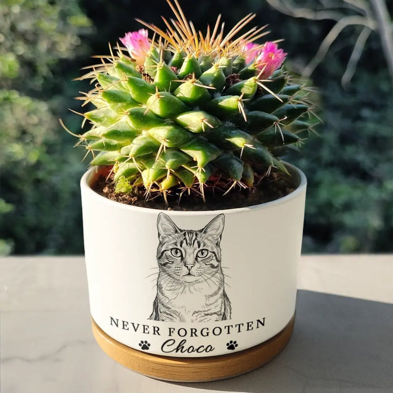 Custom Photo Pencil Sketch Pet Memorial Never Forgotten - Personalized Ceramic Plant Pot