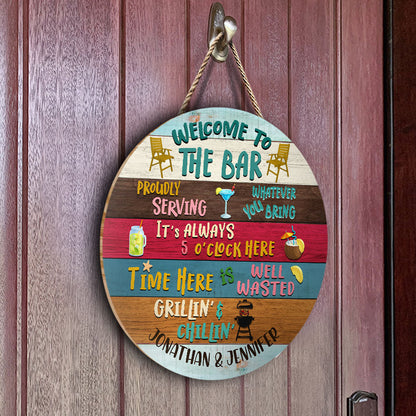 Welcome To The Bar Grilling - Personalized Custom Wood Circle Sign