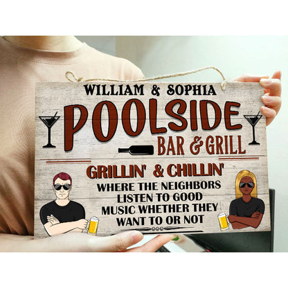 Bar & Grill Where The Neighbor - Swimming Pool Decor - Personalized Custom Wood Rectangle Sign