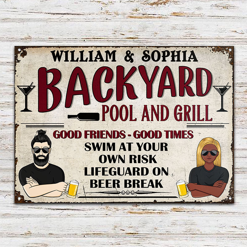 Pool Grilling Backyard At Your Own Risk - Personalized Custom Classic Metal Signs
