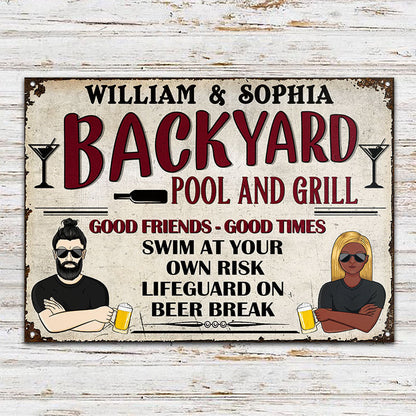 Pool Grilling Backyard At Your Own Risk - Personalized Custom Classic Metal Signs