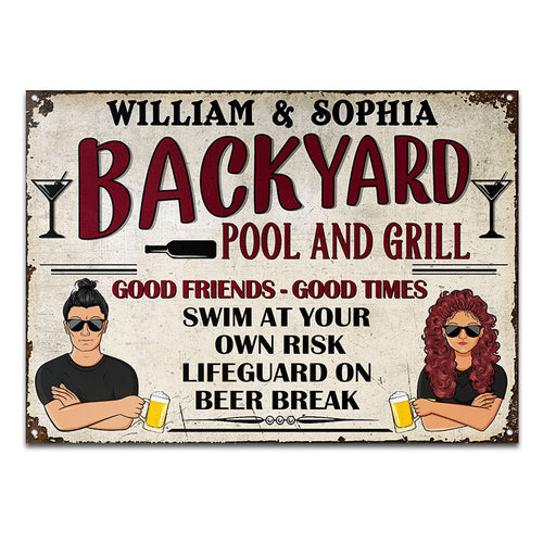 Pool Grilling Backyard At Your Own Risk - Personalized Custom Classic Metal Signs