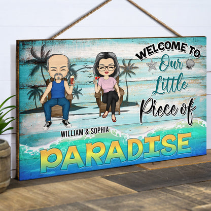 Welcome To Our Little Piece Of Paradise Summer Vibes - Anniversary, Birthday Gift For Spouse, Lover, Husband, Wife, Boyfriend, Girlfriend, Couple, Beach Lovers - Personalized Custom Wood Rectangle Sign