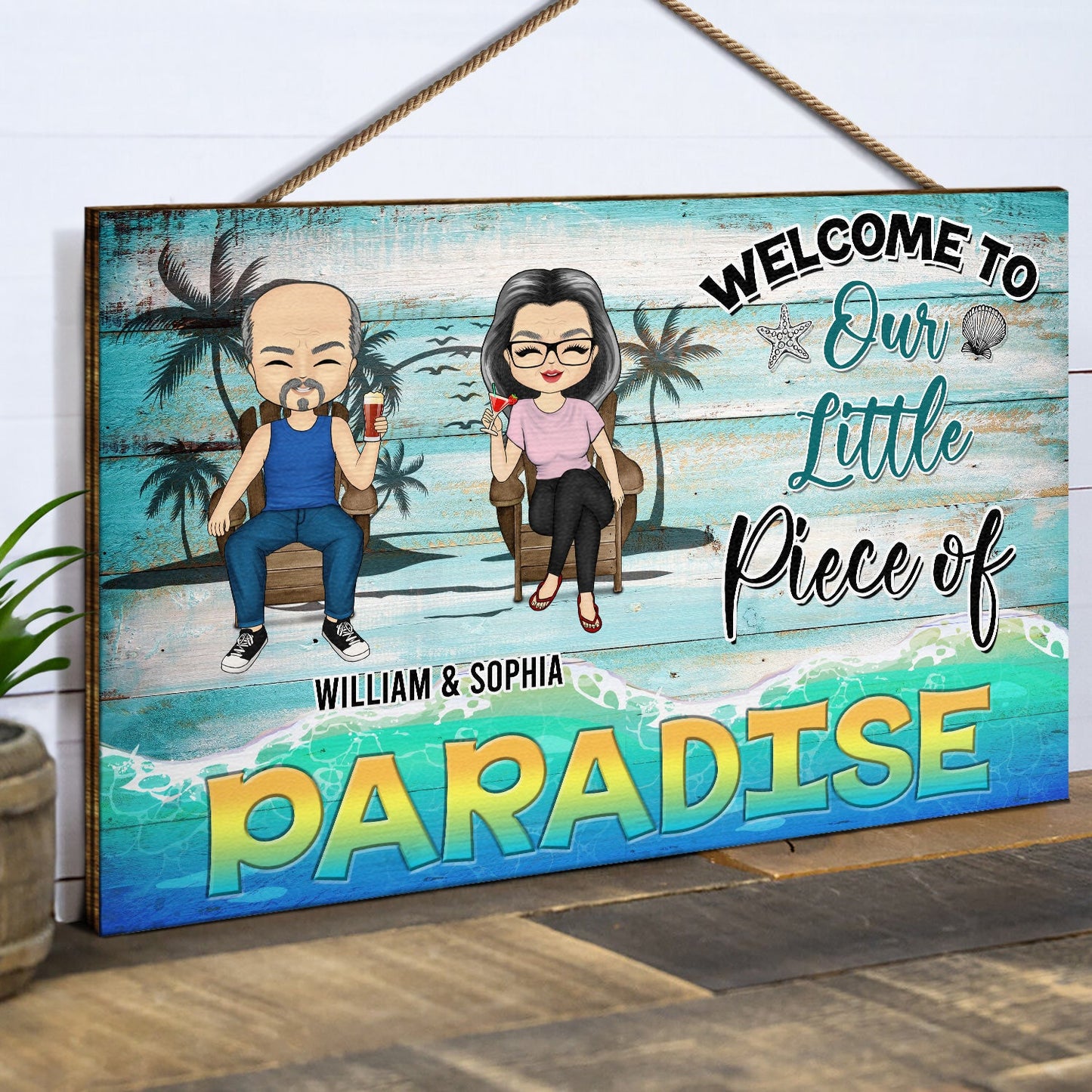 Welcome To Our Little Piece Of Paradise Summer Vibes - Anniversary, Birthday Gift For Spouse, Lover, Husband, Wife, Boyfriend, Girlfriend, Couple, Beach Lovers - Personalized Custom Wood Rectangle Sign