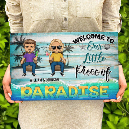 Welcome To Our Little Piece Of Paradise Summer Vibes - Anniversary, Birthday Gift For Spouse, Lover, Husband, Wife, Boyfriend, Girlfriend, Couple, Beach Lovers - Personalized Custom Wood Rectangle Sign