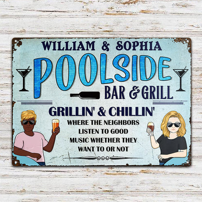 Poolside Grilling And Chilling - Swimming Pool Decor - Personalized Custom Classic Metal Signs