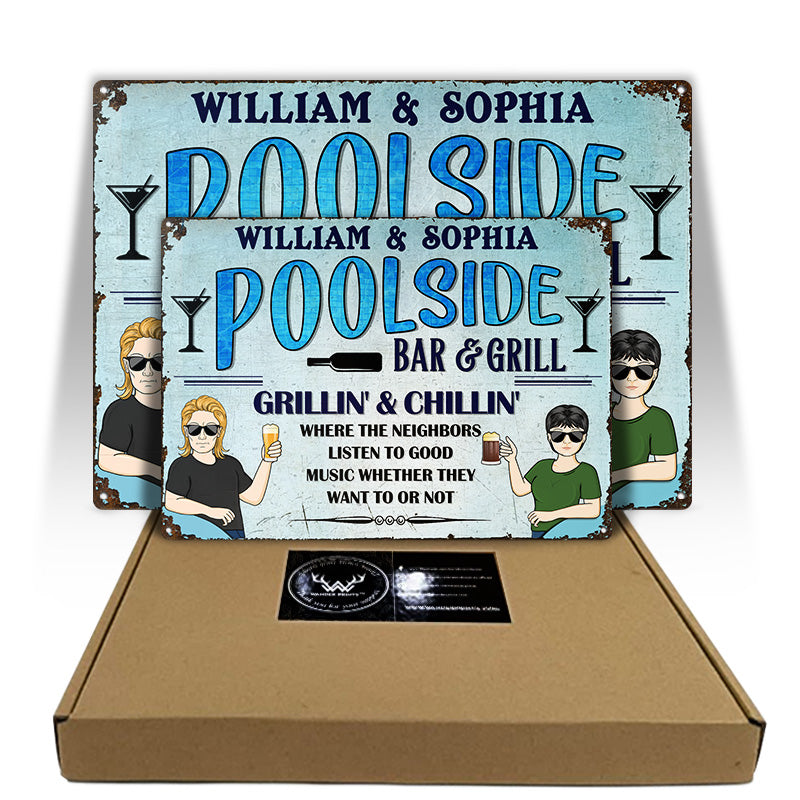 Poolside Grilling And Chilling - Swimming Pool Decor - Personalized Custom Classic Metal Signs