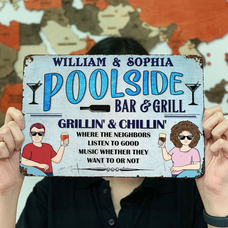 Poolside Grilling And Chilling - Swimming Pool Decor - Personalized Custom Classic Metal Signs