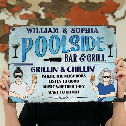 Poolside Grilling And Chilling - Swimming Pool Decor - Personalized Custom Classic Metal Signs
