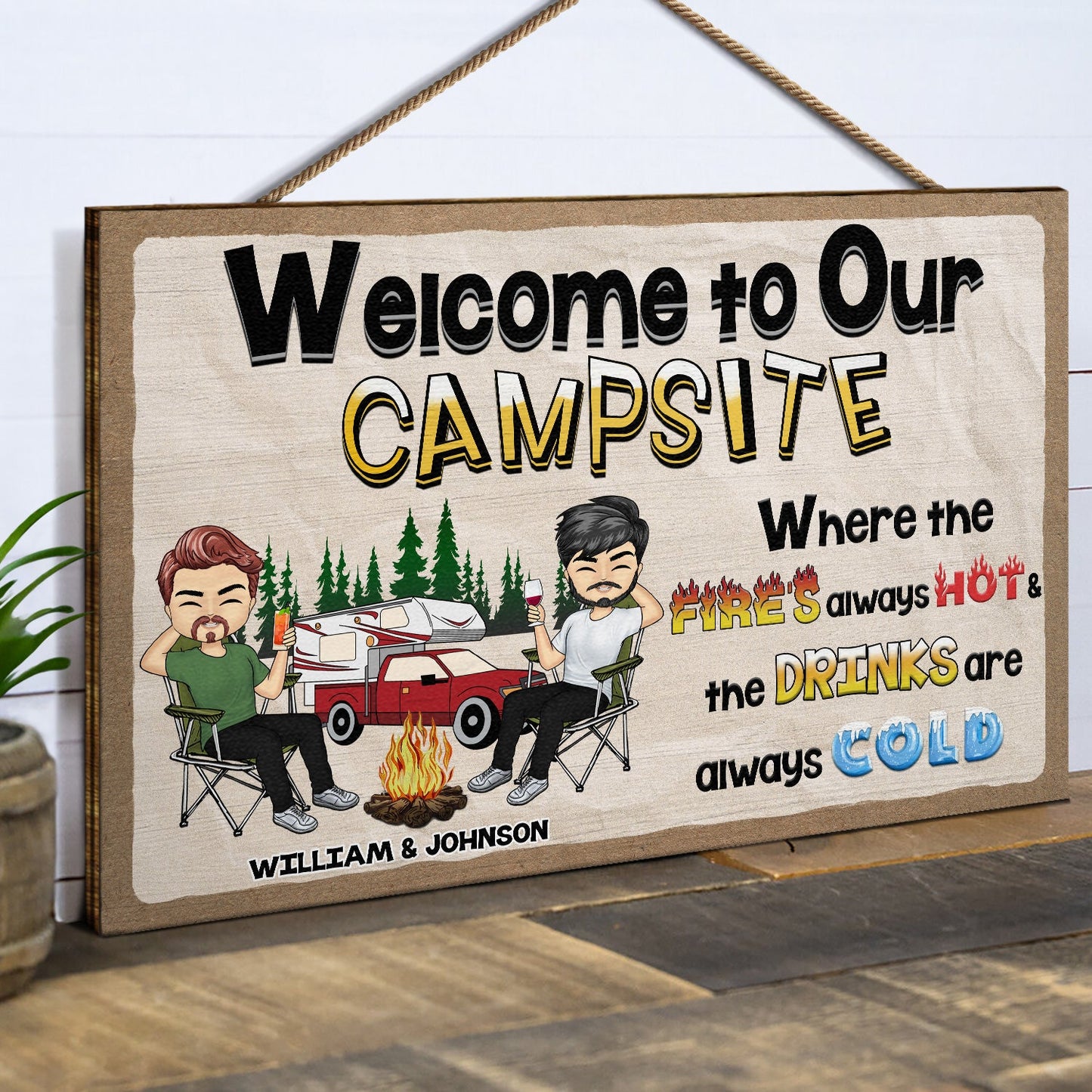Welcome To Our Campsite - Gift For Campers, Camping Couples, Husband, Wife, Girlfriend, Boyfriend - Personalized Custom Wood Rectangle Sign