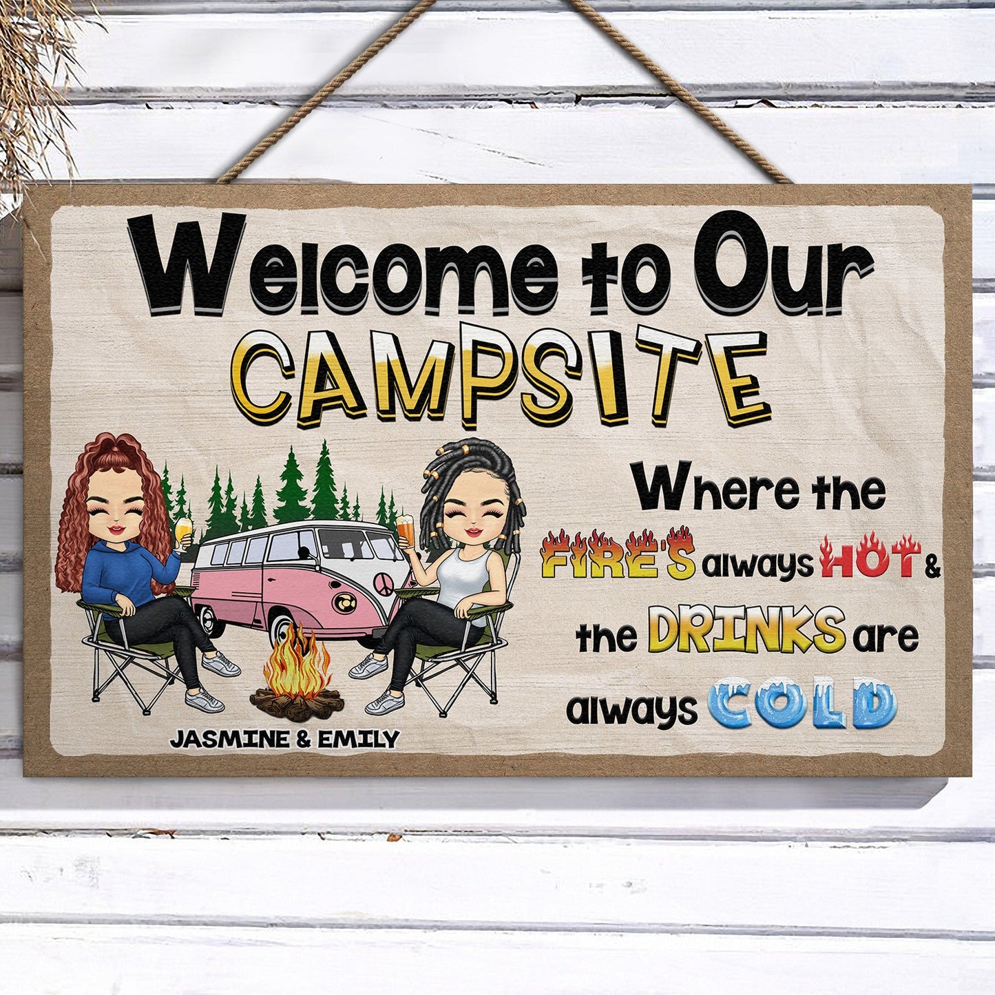 Welcome To Our Campsite - Gift For Campers, Camping Couples, Husband, Wife, Girlfriend, Boyfriend - Personalized Custom Wood Rectangle Sign