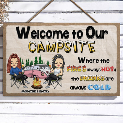 Welcome To Our Campsite - Gift For Campers, Camping Couples, Husband, Wife, Girlfriend, Boyfriend - Personalized Custom Wood Rectangle Sign