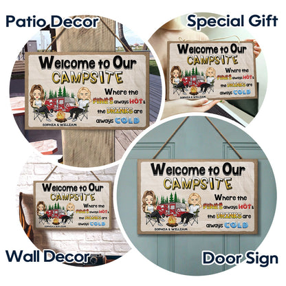 Welcome To Our Campsite - Gift For Campers, Camping Couples, Husband, Wife, Girlfriend, Boyfriend - Personalized Custom Wood Rectangle Sign