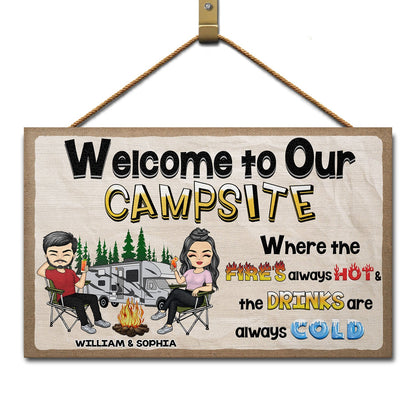 Welcome To Our Campsite - Gift For Campers, Camping Couples, Husband, Wife, Girlfriend, Boyfriend - Personalized Custom Wood Rectangle Sign