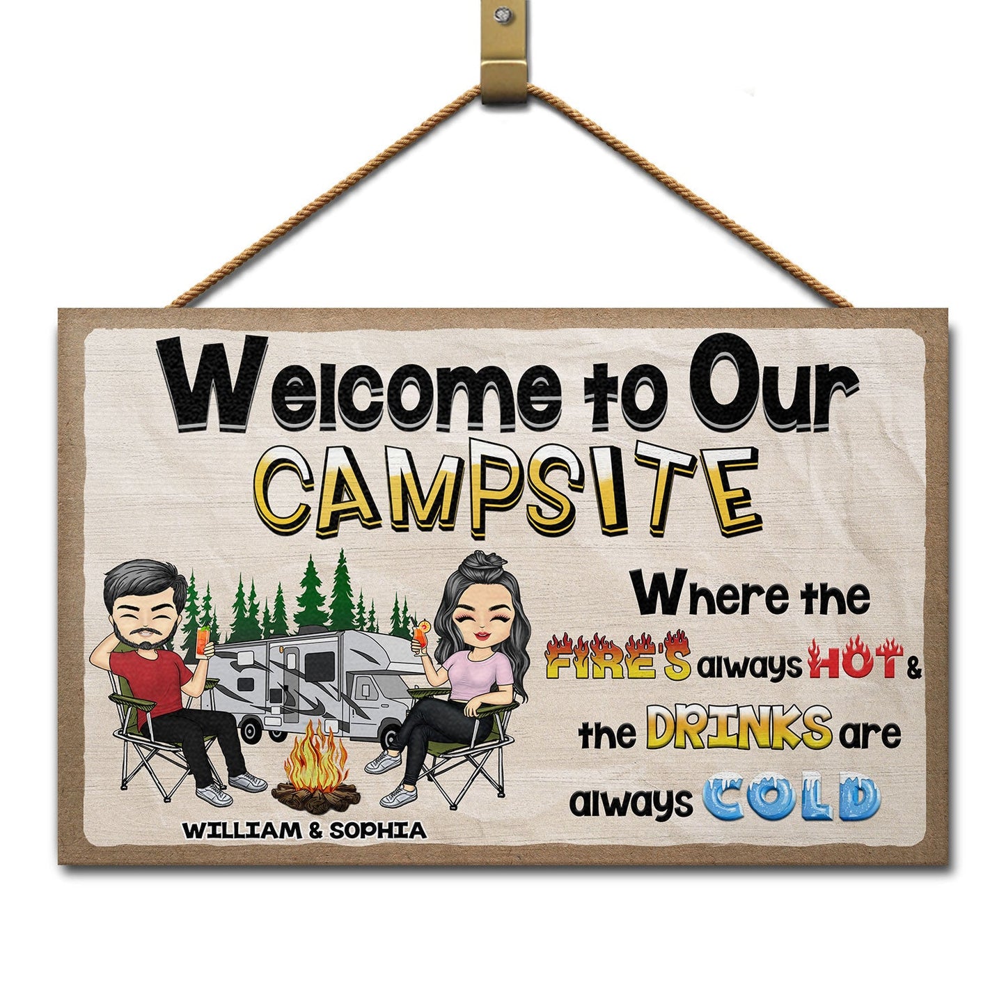 Welcome To Our Campsite - Gift For Campers, Camping Couples, Husband, Wife, Girlfriend, Boyfriend - Personalized Custom Wood Rectangle Sign