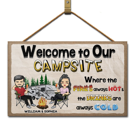 Welcome To Our Campsite - Gift For Campers, Camping Couples, Husband, Wife, Girlfriend, Boyfriend - Personalized Custom Wood Rectangle Sign