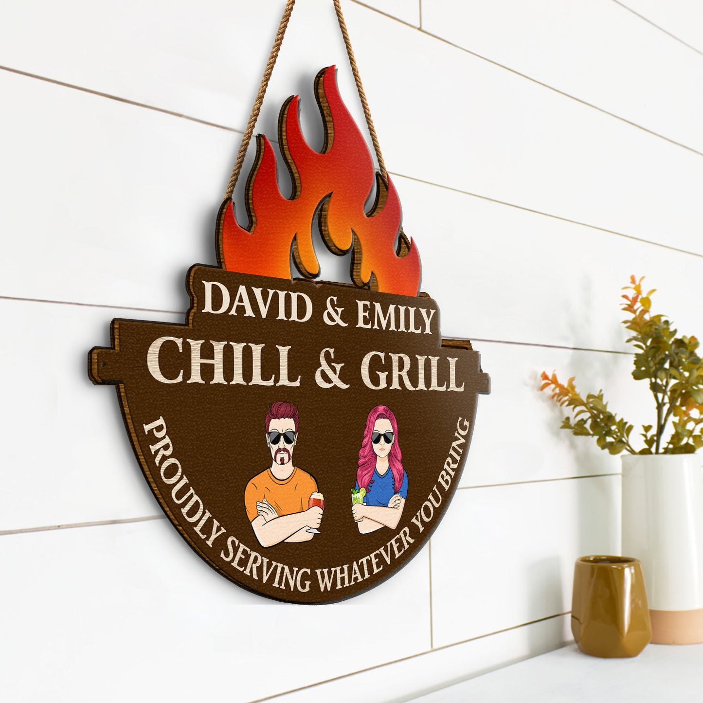 Chill & Grill Proudly Serving What Ever You Bring - Outdoor Decor, Backyard Sign, Gift For Couples - Personalized Custom Shaped Wood Sign