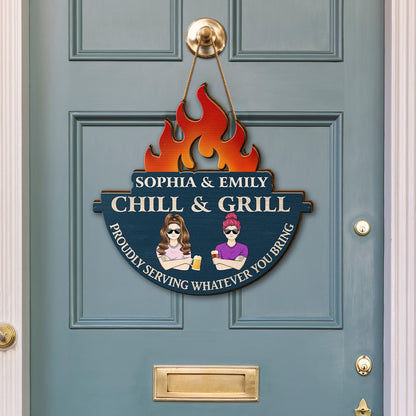 Chill & Grill Proudly Serving What Ever You Bring - Outdoor Decor, Backyard Sign, Gift For Couples - Personalized Custom Shaped Wood Sign