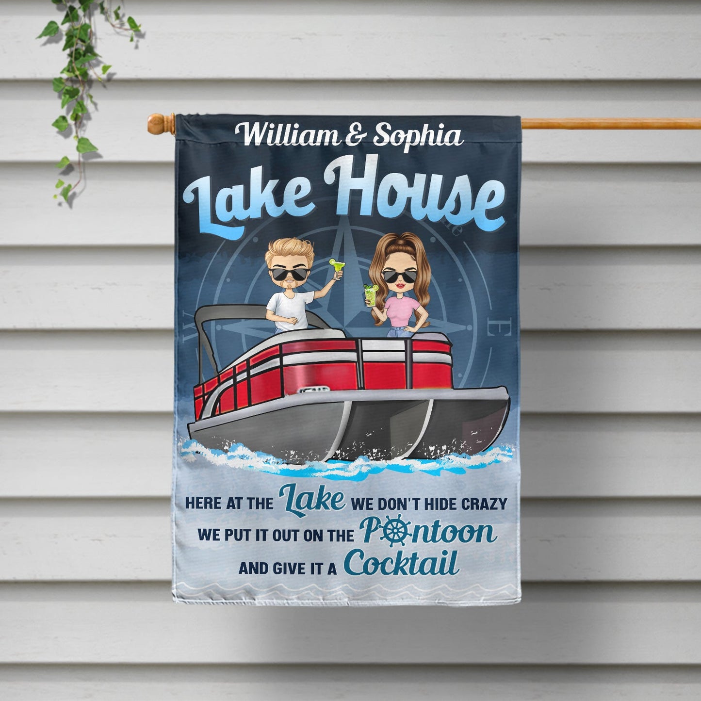 Pontoon Here At The Lake We Don't Hide Crazy - Home Decor, Backyard Decor, Lake House Decor, Gift For Pontooning Lovers, Couples, Husband, Wife - Personalized Custom Flag