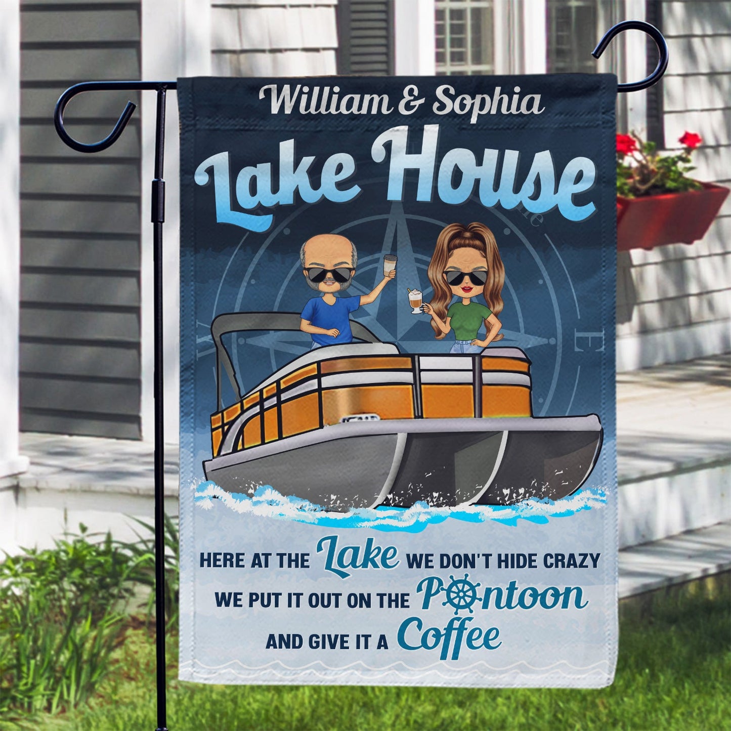 Pontoon Here At The Lake We Don't Hide Crazy - Home Decor, Backyard Decor, Lake House Decor, Gift For Pontooning Lovers, Couples, Husband, Wife - Personalized Custom Flag