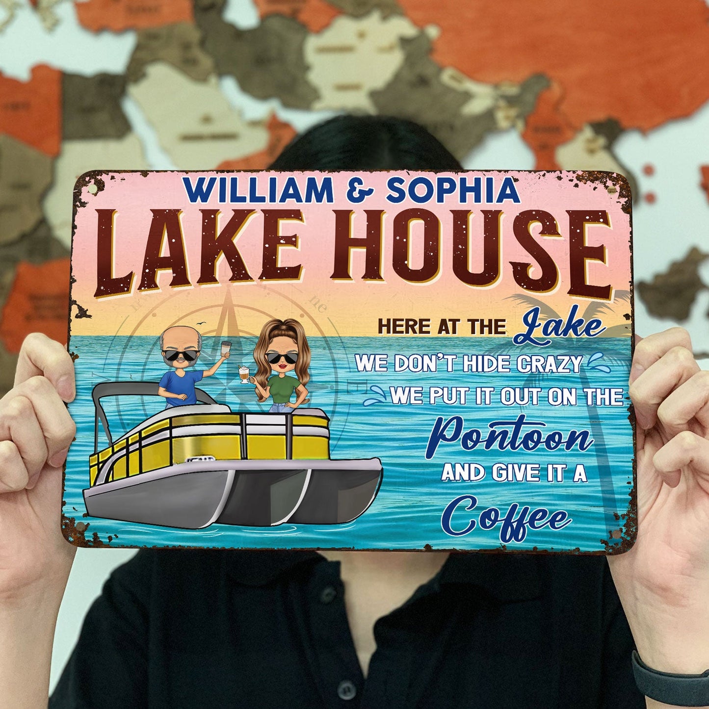 Pontoon Here At The Lake We Don't Hide Crazy - Home Decor, Backyard Decor, Lake House Sign, Gift For Pontooning Lovers, Couples, Husband, Wife - Personalized Custom Classic Metal Signs