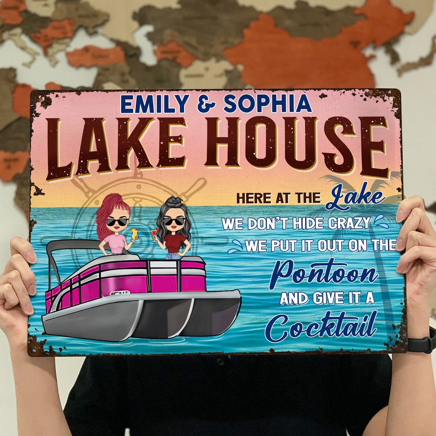 Pontoon Here At The Lake We Don't Hide Crazy - Home Decor, Backyard Decor, Lake House Sign, Gift For Pontooning Lovers, Couples, Husband, Wife - Personalized Custom Classic Metal Signs