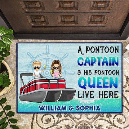 A Pontoon Captain And His Pontoon Queen Live Here - Decor Gift For Couples, Husband, Wife, Pontooning Lovers - Personalized Custom Doormat