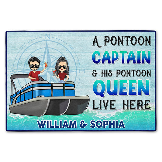 A Pontoon Captain And His Pontoon Queen Live Here - Decor Gift For Couples, Husband, Wife, Pontooning Lovers - Personalized Custom Doormat